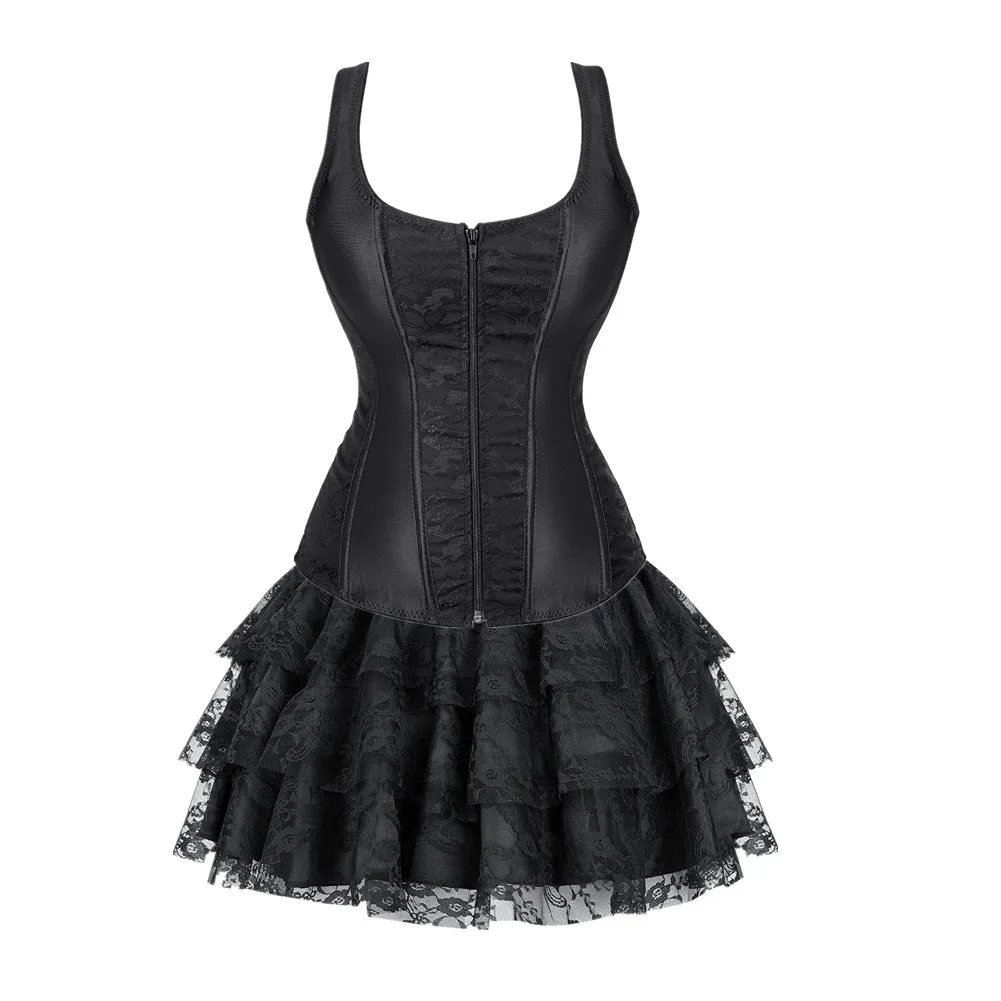 Gothic Tutu Skrit With Sexy Lingerie Straps Zipper Floral Overbust Corset Bustier Top Burlesque Costume Corset Dress Plus Size