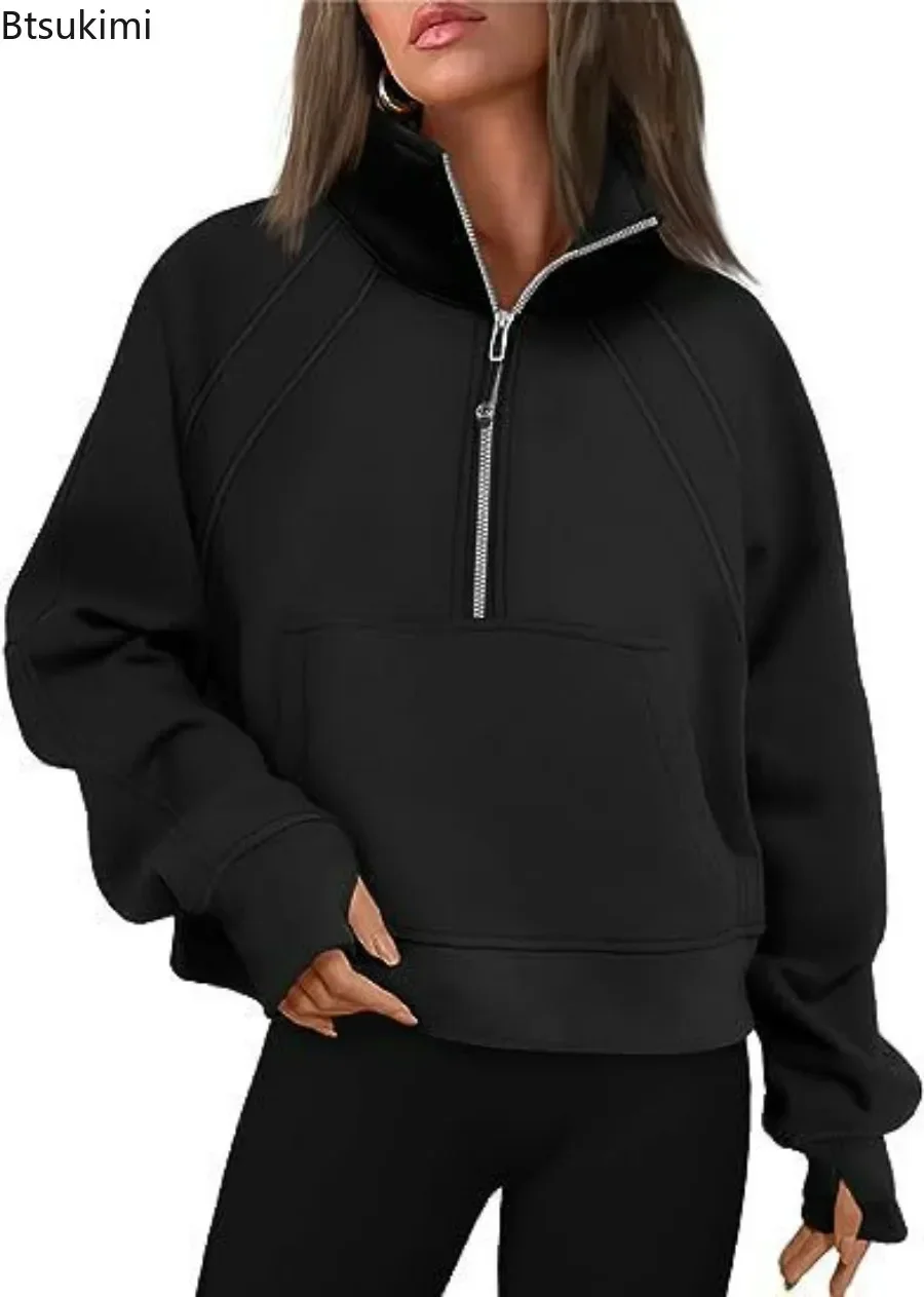 2025, Damen-Pullover mit halbem Reißverschluss, kurzem Stehkragen, Plüschpullover, solide Herbst-Kapuzenpullover, Übergröße, Street-Sweatshirt,