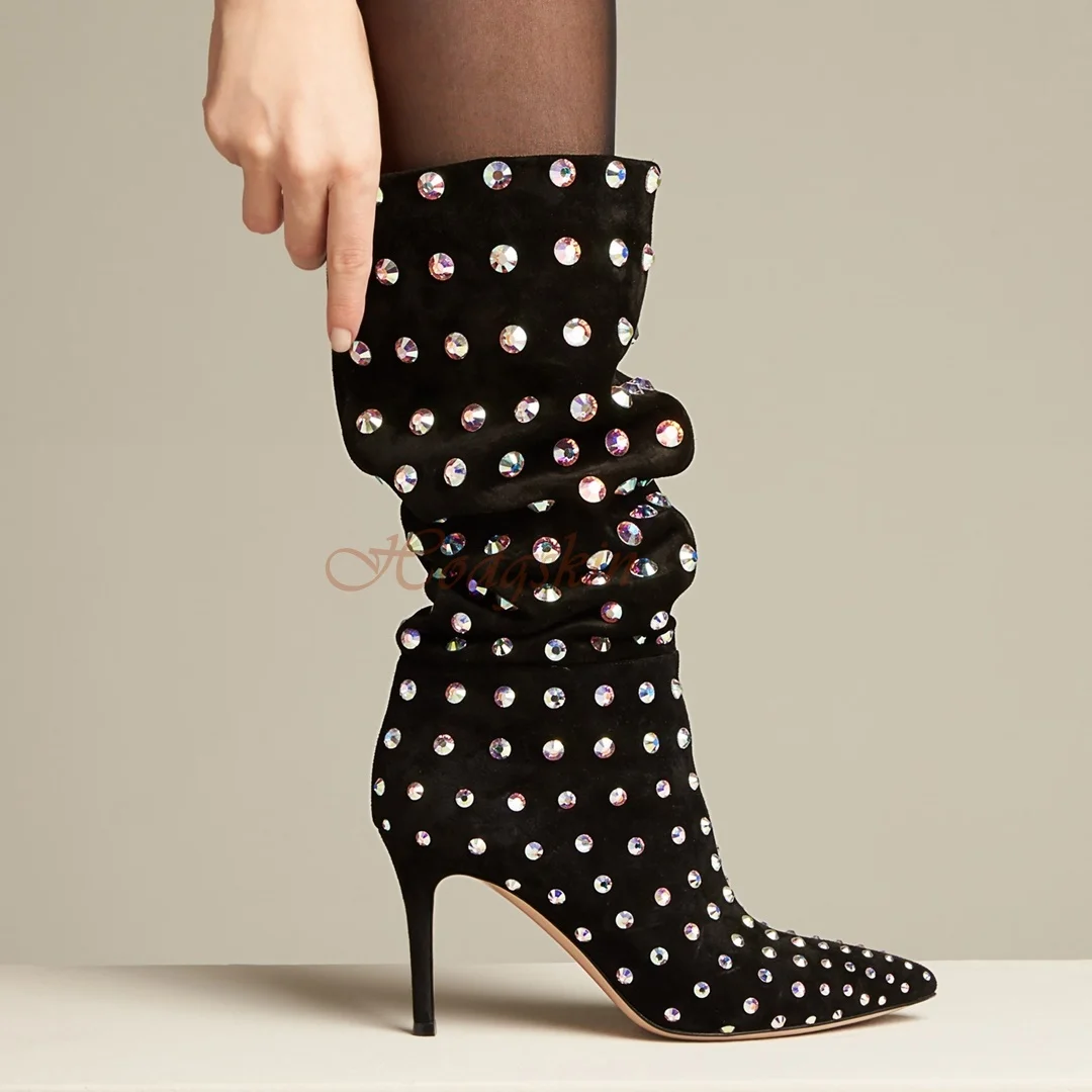 Rhinestone Pleated Boots Pointy Toe Thin High Heels Slip On Mid Calf Boots New Designer Studded Women Sexy Shoes Autumn Party