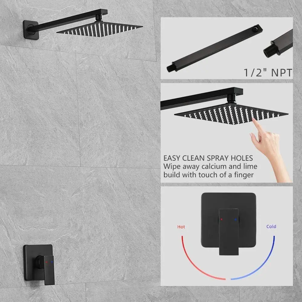 Square Matte Black Shower Set with Single Function Trim, Rain Head, and Extended Shower Arm