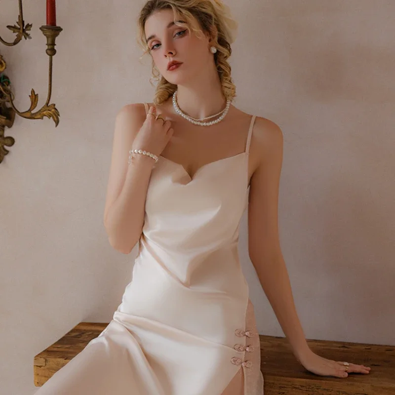 Summer Thin Nightgown Ice Silk Dress Women Simple Casual Retro Disk Buckle Slit Halter Elegant Sexy Sleepwear Women Home Wear