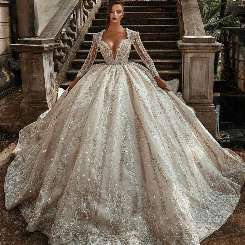 

Luxury Ball Gown Wedding Dresses Sweetheart Puffy Long Sleeve Tulle Crystal Beaded Pearls Plus Size Formal Bridal Gown Custom