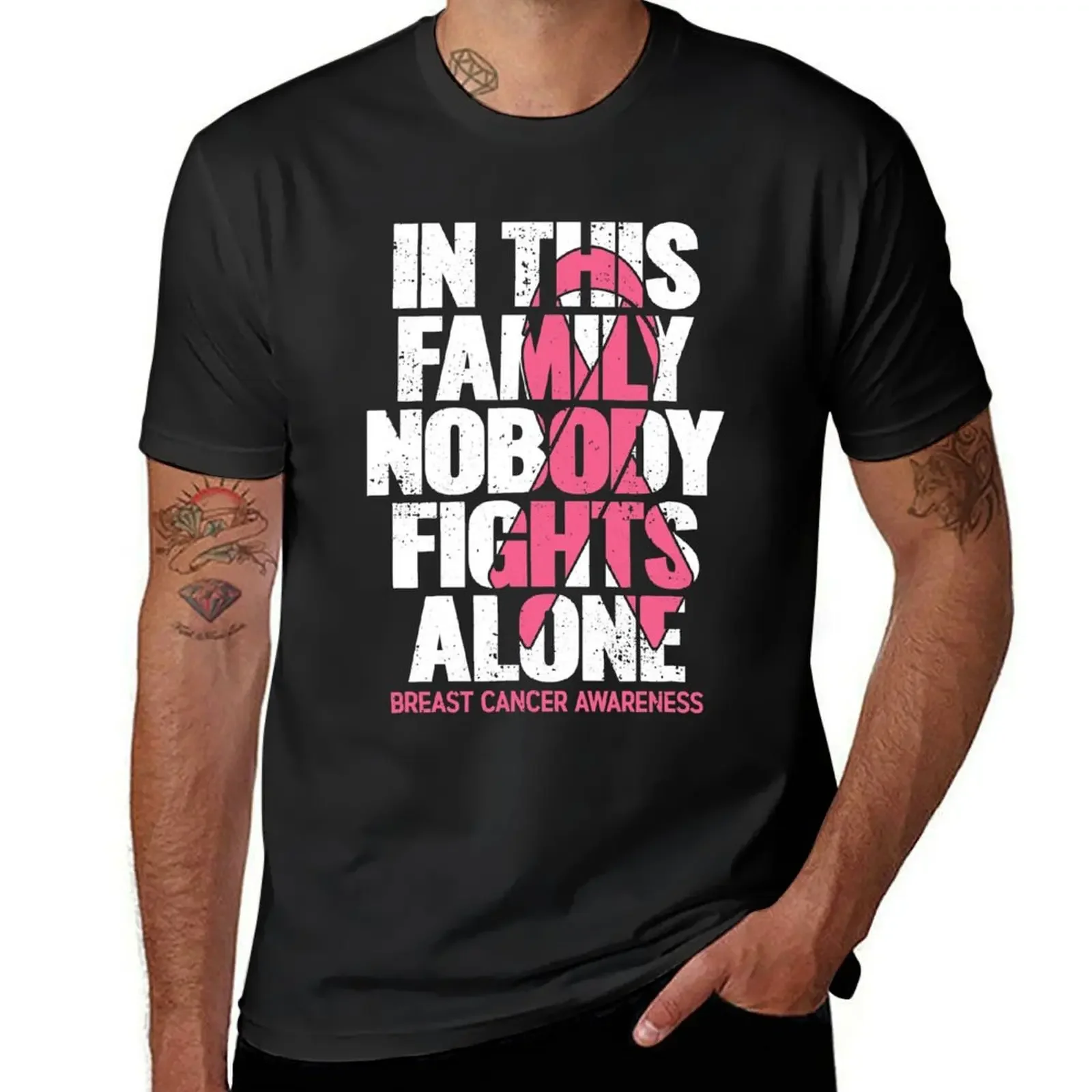 

In This Family Nobody Fights Alone Breast Cancer Awareness T-Shirt anime heavyweights funny t shirts for men