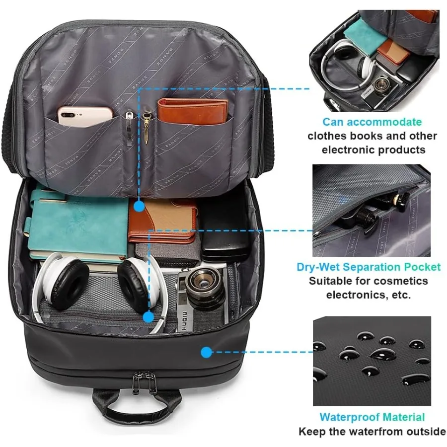 Mochila para laptop BANGE Smart Business à prova d'água pode caber em laptop de 15,6 a 17,3 polegadas com porta de carregamento USB 3.0 para homens e mulheres