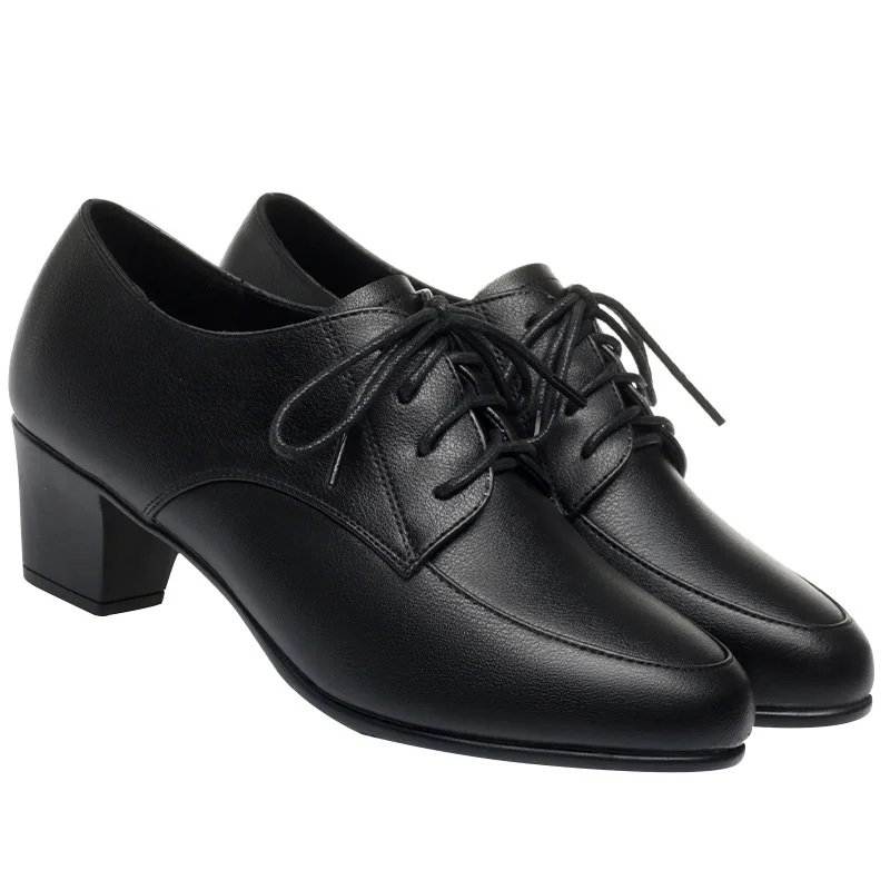 Women Work Shoes  Black Lace Up Middle Heel Leather Shoes Spring Autumn Soft Soles Breathable Comfortable Single Shoes