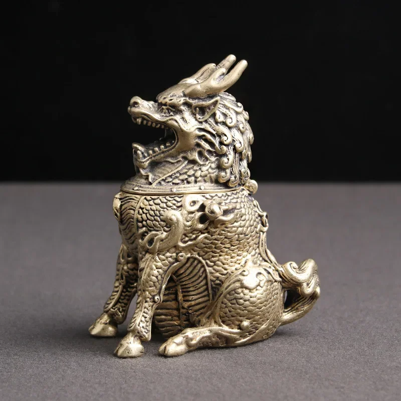 Antique Brass Chinese Kirin Sandalwood Incense Burner Miniatures Home Decoration Ornaments Mythical Beast Copper Craft Figurines
