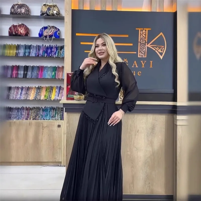 

Arabia Black Prom Dress 2 Pcs Women Suit Skirt Set Beaded Blazer+Long Ruffles Formal Pageant Robes A Line Party Evening Gown