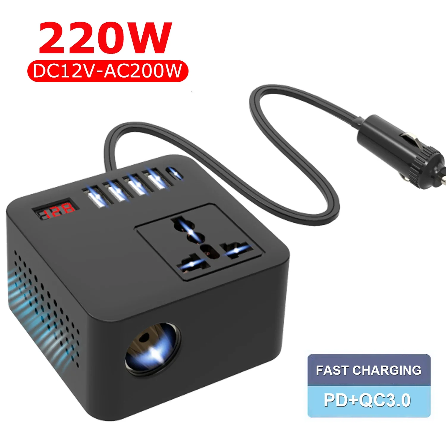 

Автомобильный инвертор 100 Вт, 12 В/24 В постоянного тока в 120 В/220 В постоянного тока, пиковый светодиод со светодиодным дисплеем, адаптер автомобильного инвертора с розеткой, быстрая зарядка