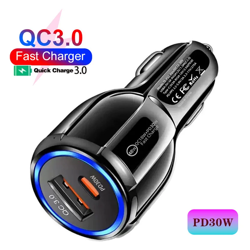 48W Car Charger 2 Ports Car Charger Fast Charging QC3.0 PD30WCar Cigarette Lighter Flash Charge For huawei/iphone/xiaomi/sumsung