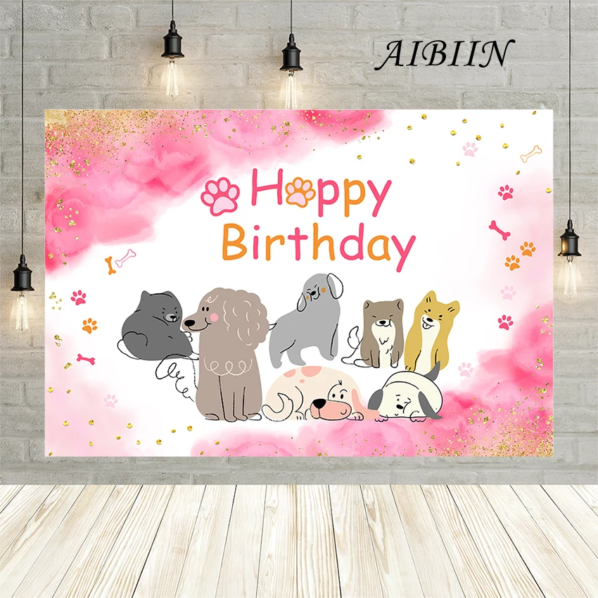 

AIBIIN Happy Birthday Backdrop Cute Puppy Theme Customizable Portrait Backdrop Studio Prop DIY Background Decoration