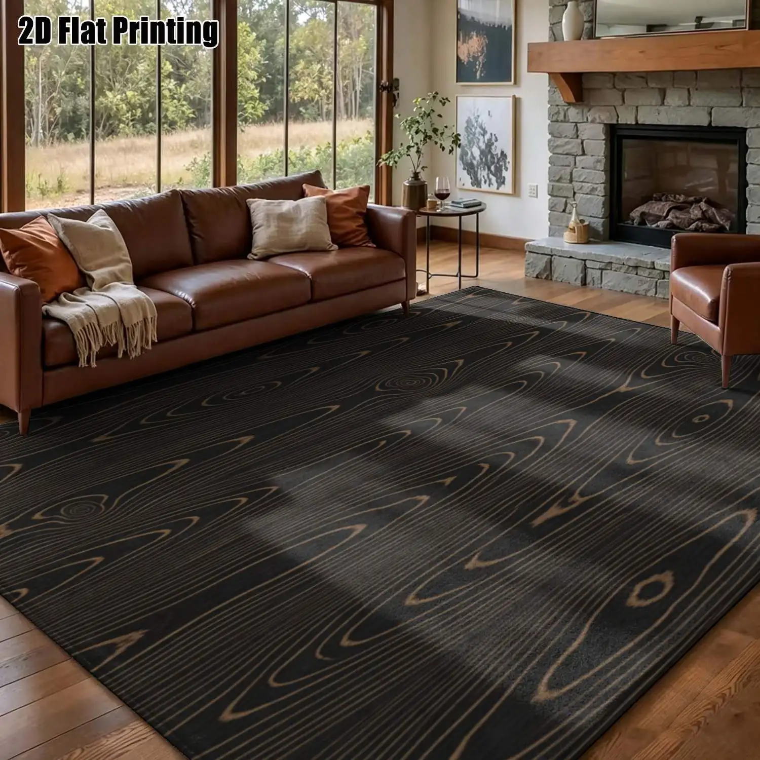 1Pc 2D Printed Carpet: Dark Brown Wood Grain Line, Nordic Modern Simple Geometric Stripe, Home Decor, Multi-Size, Machine Washable, for Entrance/Dining/Foyer/Study/Living/Bedroom