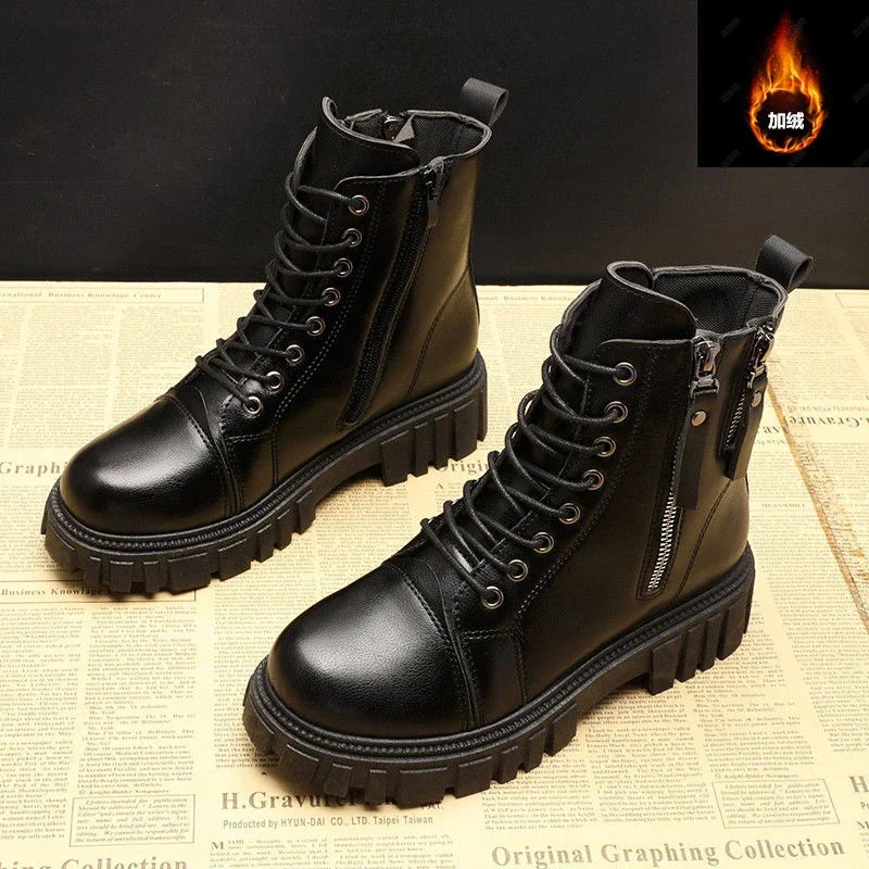2023 New Women's Pu Leather Ankle Boots Women Autumn Winter Round Toe Lace Up Shoes Woman Fashion Motorcycle Platform Botas PU