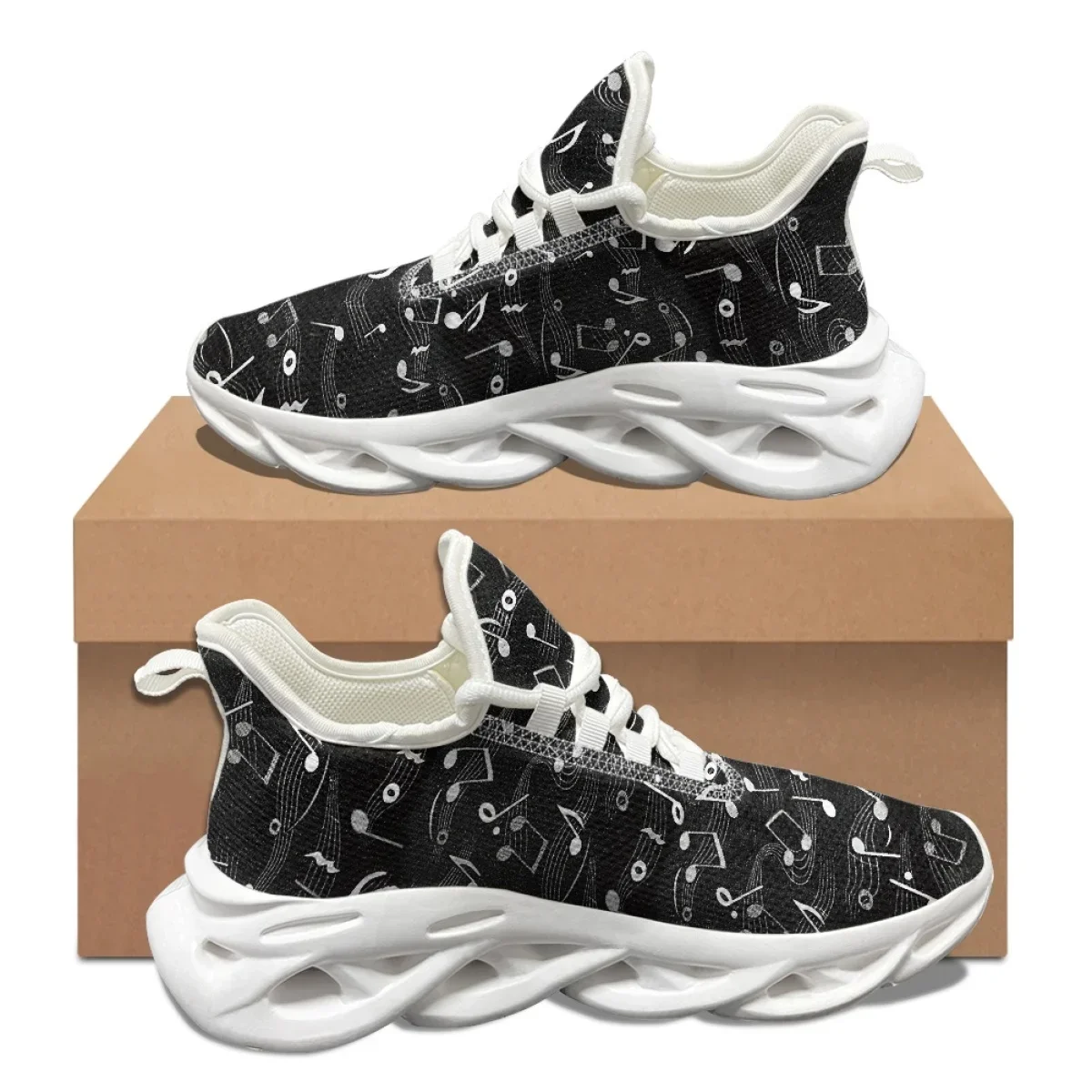 Music Notes Print Lace-up Casual Shoes Girls Outdoor Travel Fashion Non-Slip Sneakers Summer Lightweight Mesh Vulcanized Shoes