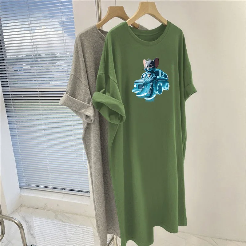 Women Clothing Fashion Short Sleeve O-neck Dresses, Summer Loose Casual Pullovers Dress, Cartoon Printed Overknee Tunic