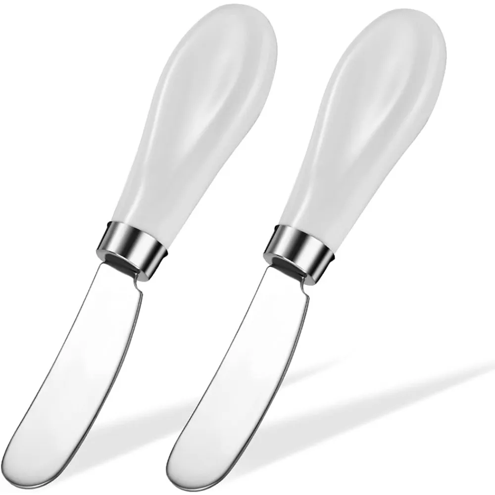 

2 Pack Stainless Steel Butter Spreader Knife, Butter Knife with White Porcelain Handle, Cheese Butter Spreader Knives f