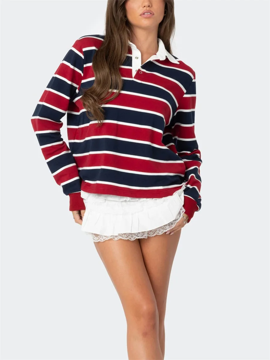 Women s Striped Sweatshirt Contrast Color Long Sleeve Lapel Neck Button-up Casual Tops