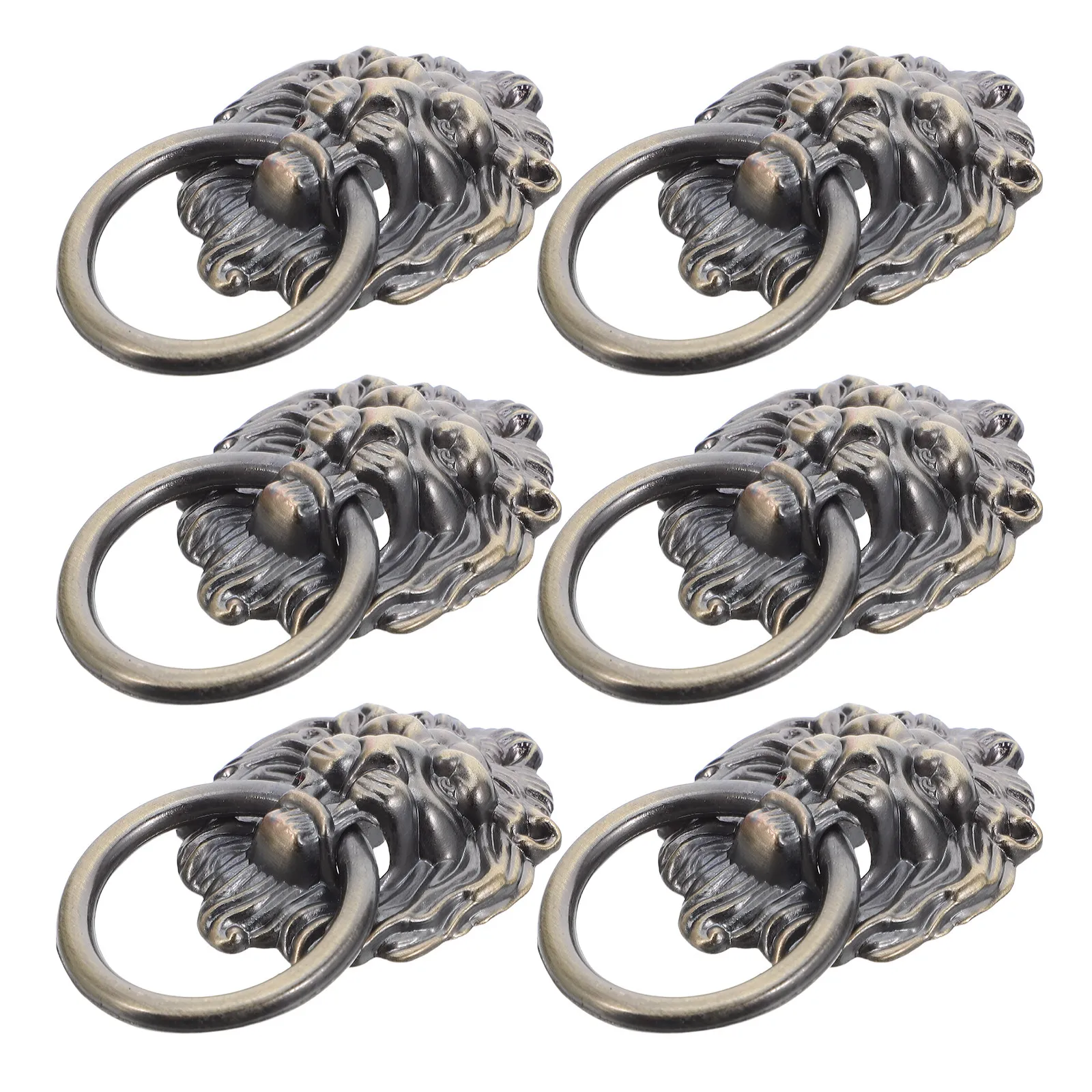 6Pcs Retro Bronze Lion Head Cabinet Pull Handles Style Ring Knocker for Drawer Wardrobe Cupboard Furniture Door Handles