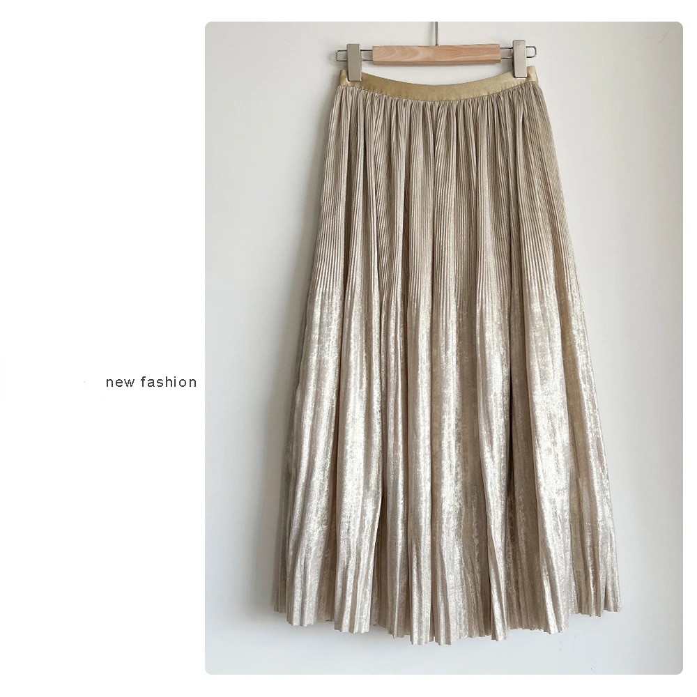 

Shiny Golden-color High Waist Women Midi Skirt 2024 Elastic Waistband Pleated SKirt Old Money Style Women