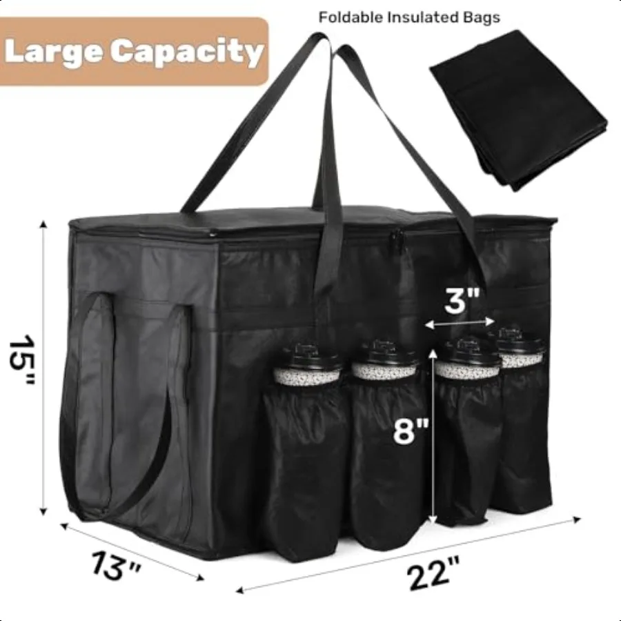 Bolsa isolada para entrega de alimentos, 2 pacotes com 4 porta-copos, 22x13x15 espaços, aquecedor, maleta, refrigerador, porta-bebidas com parte superior com zíper