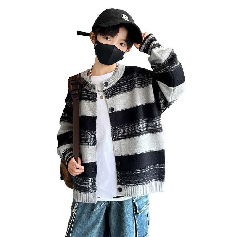 

New Fashion Children Striped Cardigan Coat Tops Outerwear For Boys New Spring Knitted Clothes Teens Kids Casual Sweater Knitwear