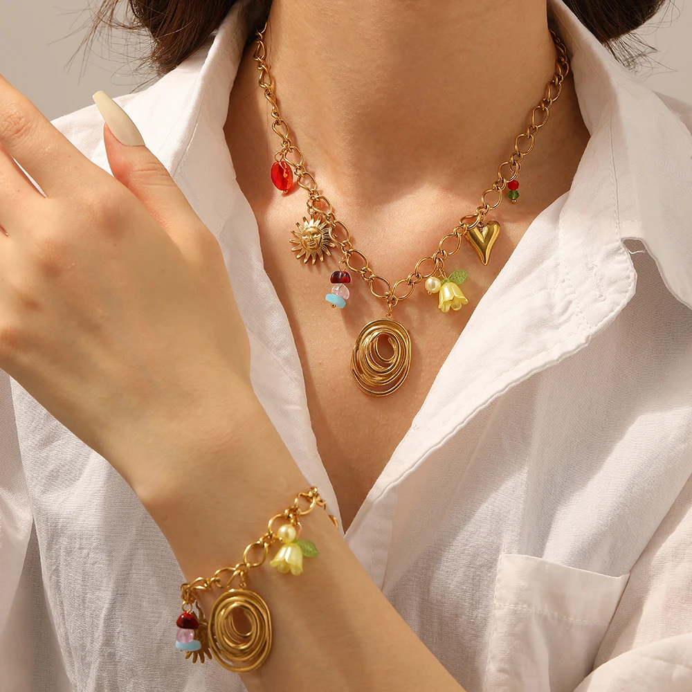 DIEYURO 316L Stainless Steel Golden Lines Oval Sun Heart Crystal Flower Bracelet Women New Classic Wrist Chain Jewelry Gift