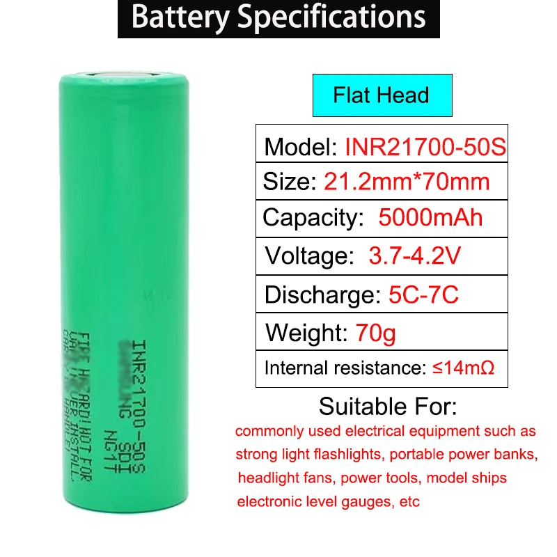 3.7V 5000mAh Li-ion Battery Original A-level NIR 21700 50S High-power 5C 25A Discharge Max 45A for Flashlights Electric Vehicles