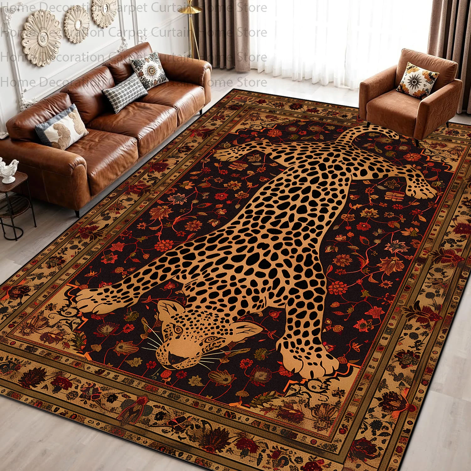 Black Red Retro Persian Leopard Floral Carpet Home Decor Large Rug for Living Room Bedroom Non‑slip Washable Lounge Floor Mat