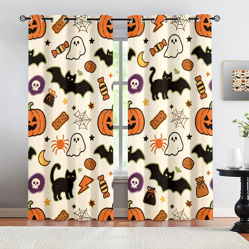 Microfiber Halloween Curtains 2Pcs,Multi-Sizes,Easy Hanging,Multiple Sizes,Machine Washable,Cute Cartoon Pumpkin Ghost Print