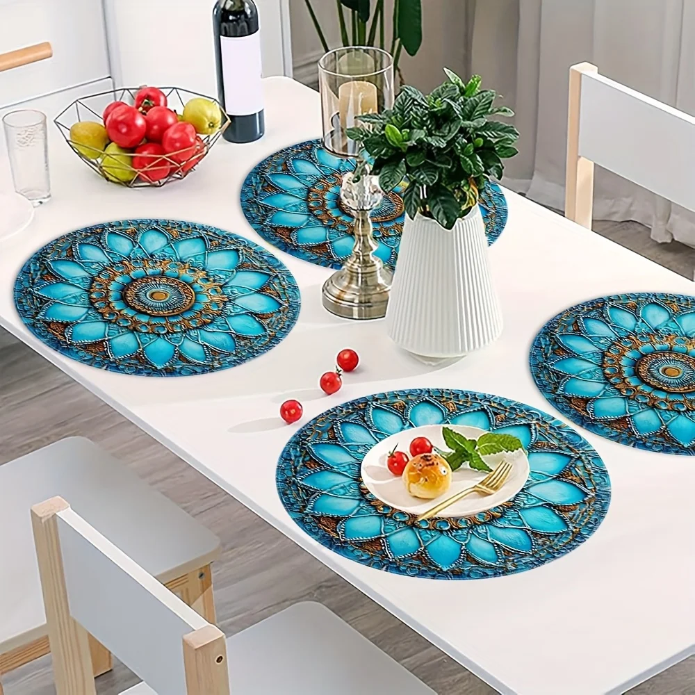 VIKAMA 4-Piece European Vintage Blue and Gold Placemat Set Banquet Table Decor Accessories Holiday Gathering Restaurant Decor