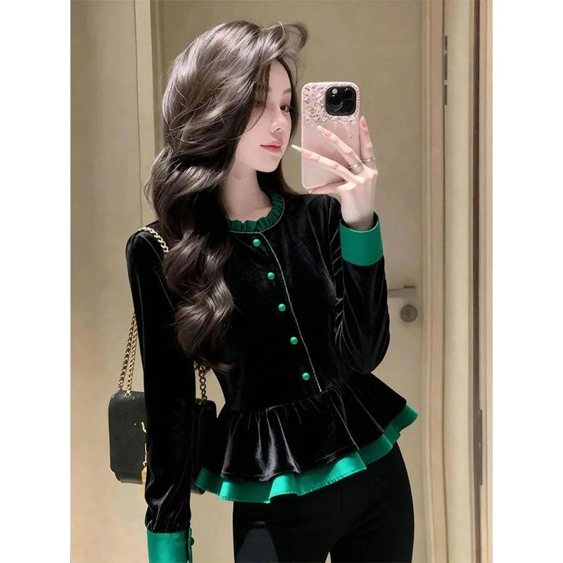 Women's Autumn Winter Tops Shirts New Chinese Style Contrasting Colours Velvet Casual Fashionable Niche Distinctive Versatile