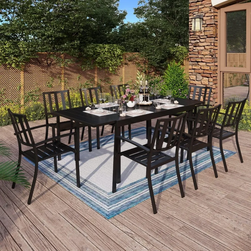 9 PCS Patio Metal Dining Sets,Outdoor Furniture Sets with 8 Steel Slat Stackable Chairs and 1 Rectangular Expandable Table for