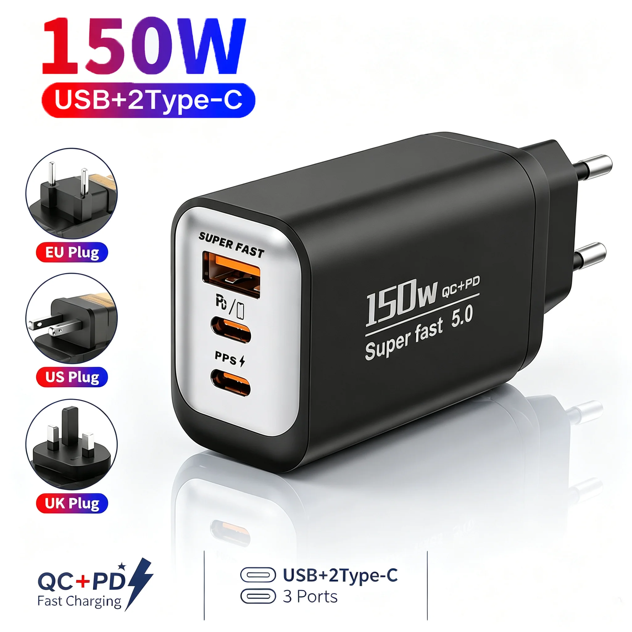 USB Type C 150W Charger 3 Ports Fast Charging Mobile Phone Charger For iPhone Samsung Xiaomi Type C Quick Charger EU/UK/US Plug