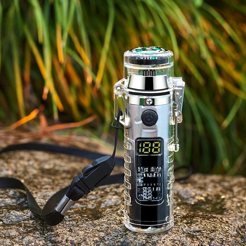 New Double Arc Lighter Type-C Rechargeable Waterproof LED Three Gear Lighting with A Compass Outdoor  Plasma Flameless Lighter