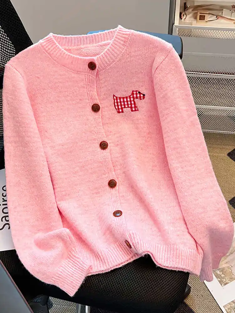 Women's Pink Apricot Cardigan Sweater Harajuku Aesthetic Y2k Long Sleeves Knitted Sweaters Vintage 2000s Cutecore Clothes Autumn