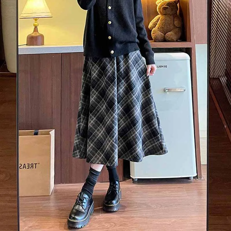 Fall Winter Vintage Checked A-Line Skirts Female Woolen Thick High Waist Long Skirt for Woman Korean Street Pleated Plaid Skirts