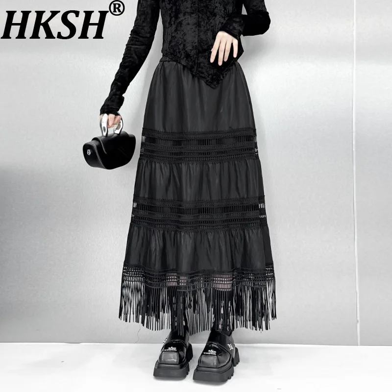 

HKSH Autumn New Women Skirt PU Leather Spliced Tassel Hem Pleated Elastic Waist Versatile Streetwear Dark Fashion Skirts HK12291