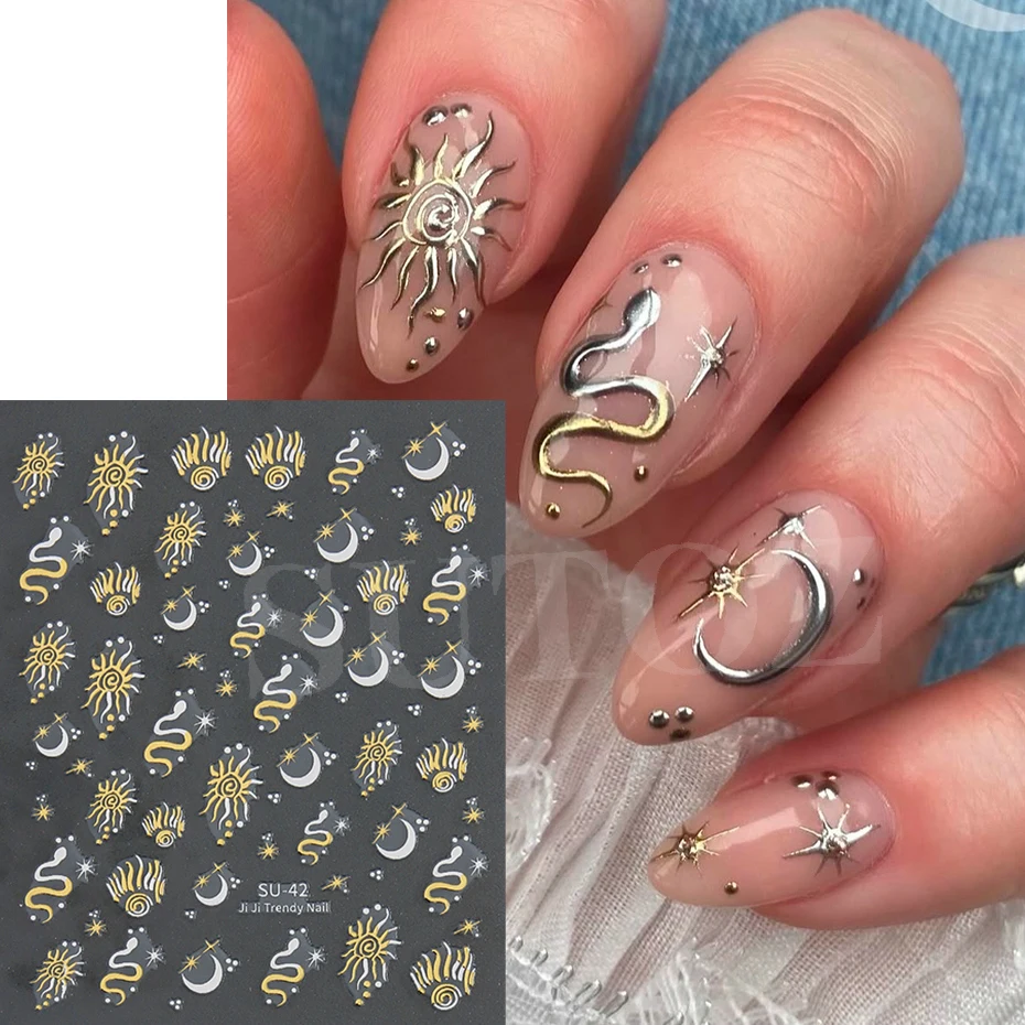 Stelle Luna Serpente 3D Nail Art Adesivi Lucido Sole Serpenti Oro Argento Doppio Colore Design Mezzaluna Serpente Unghie Decorazione LESU-42