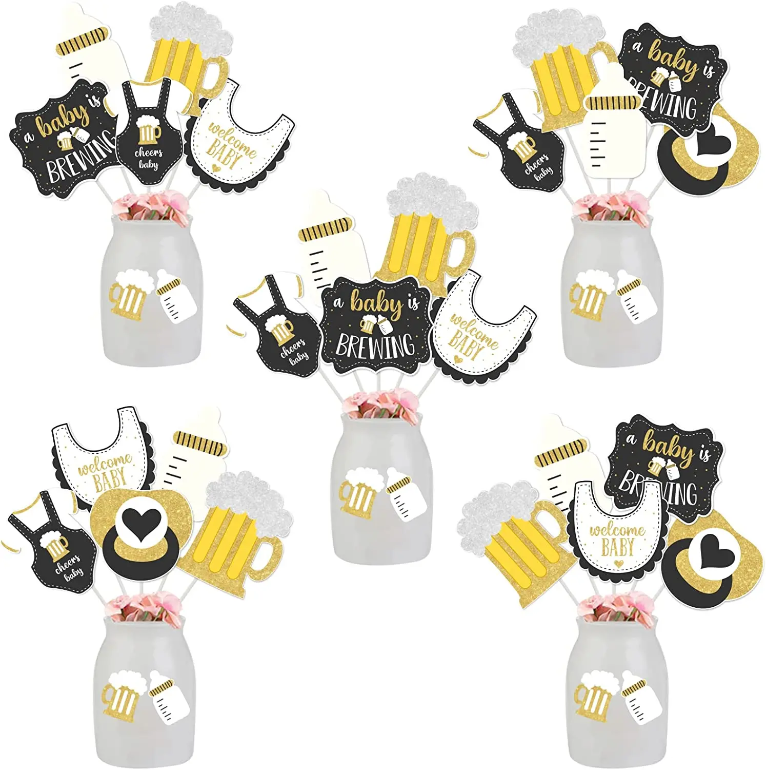 

Funmemoir 24 Pieces A Baby Is Brewing Centerpiece Sticks Black Gold - Bottle and Beer Theme Baby Shower Decorations Supplies