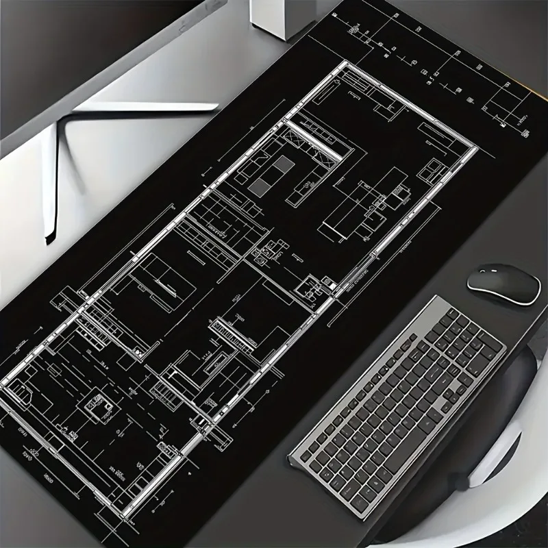 

Large Black White Blueprint Mouse Pad Technical Plans Non-Slip Desk Home Architects Desk Gadgets Pc Decoration Gaming Mat Office