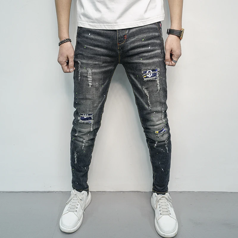 Black Gray Jeans Men's Slim Fit Hole Patch Paint Printing Design Street Cool Casual Tappered Motorcycle Pants