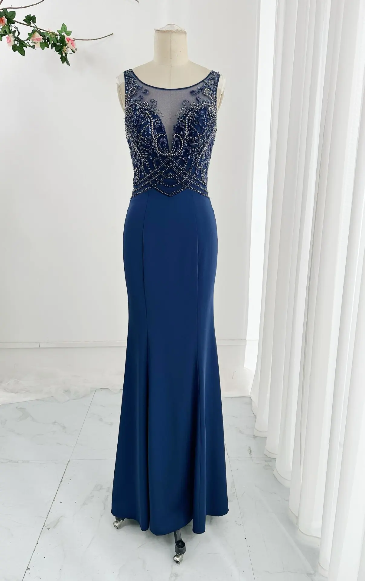 Blue Sexy U -Type Collar Collarless Heavy Work Beaded Beaded Super Slim Mermaid Performance Evening Dress Skirt M2246