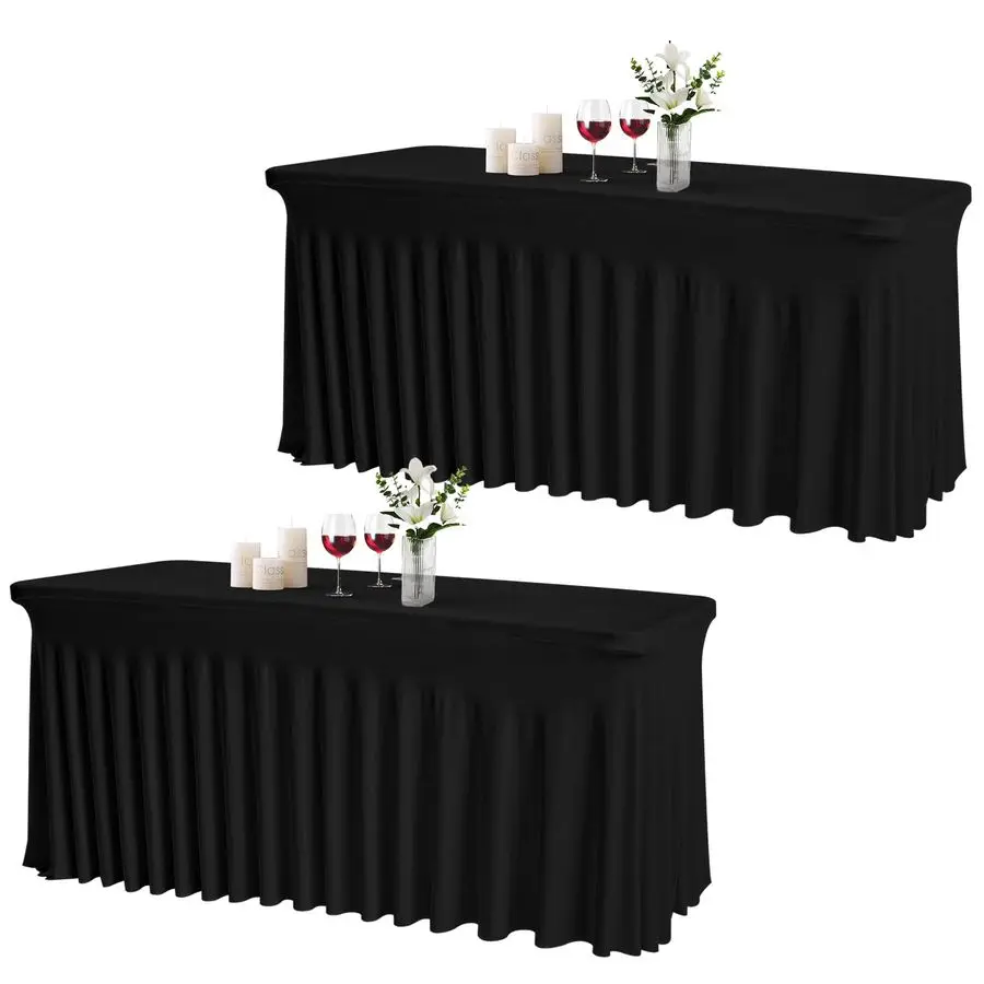 

Table Skirt for Rectangle Tables Set of 2 Spandex Fitted Black Tablecloths for 4FT Tables, Wrinkle Resistant Ruffles Elastic Tab