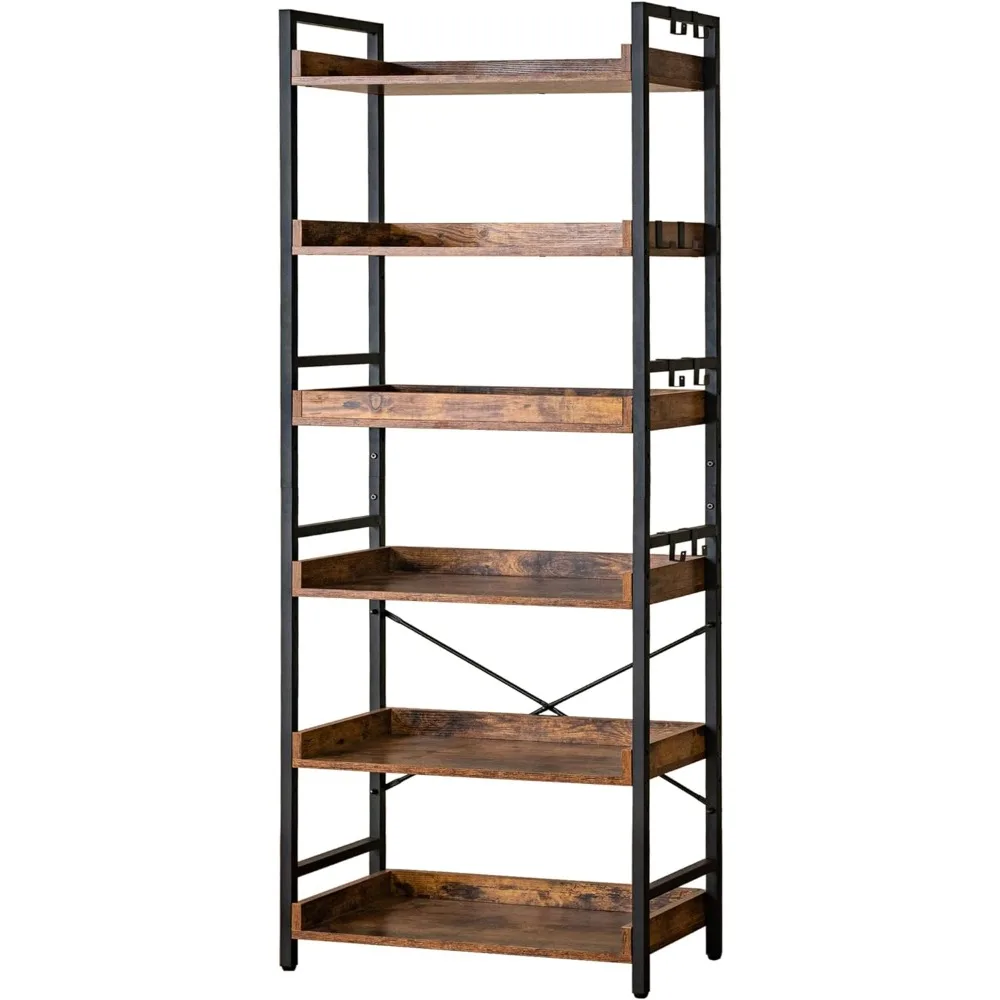 

Adjustable 6 Tier Open Bookcase | Rustic Farmhouse & Industrial Wood/Black Metal Bookshelves | Mid Century Design