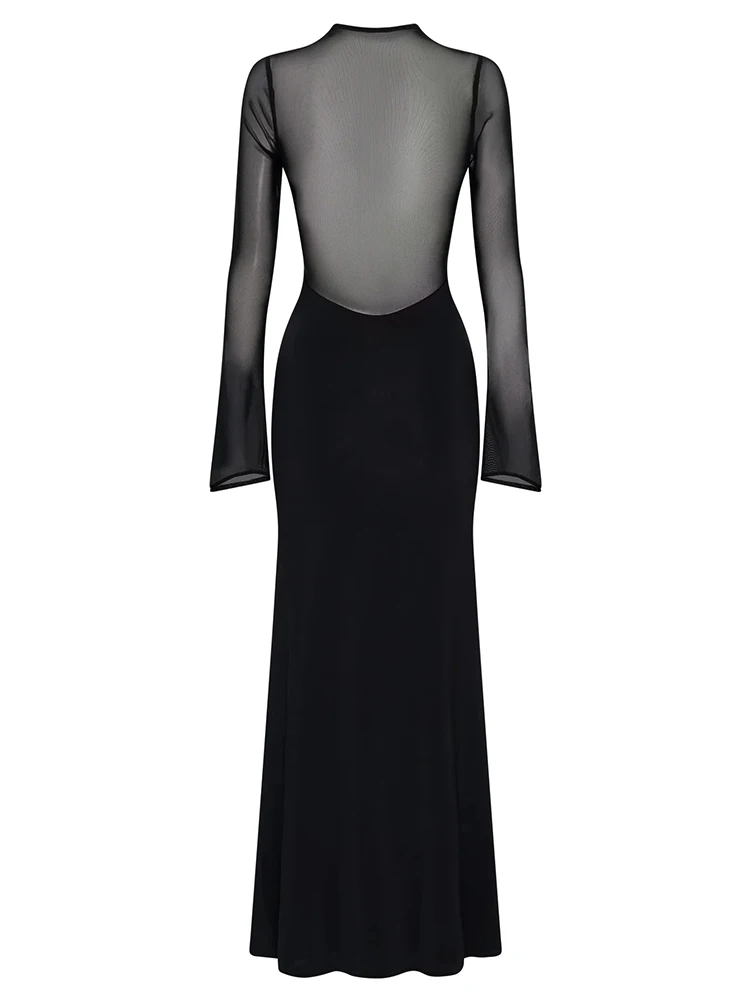 セクシーなシャーリングメッシュマキシドレス レディース シースルー パッチワーク 長袖 スリム ロングドレス 女性 パーティー クラブウェア プロム 2025 新作