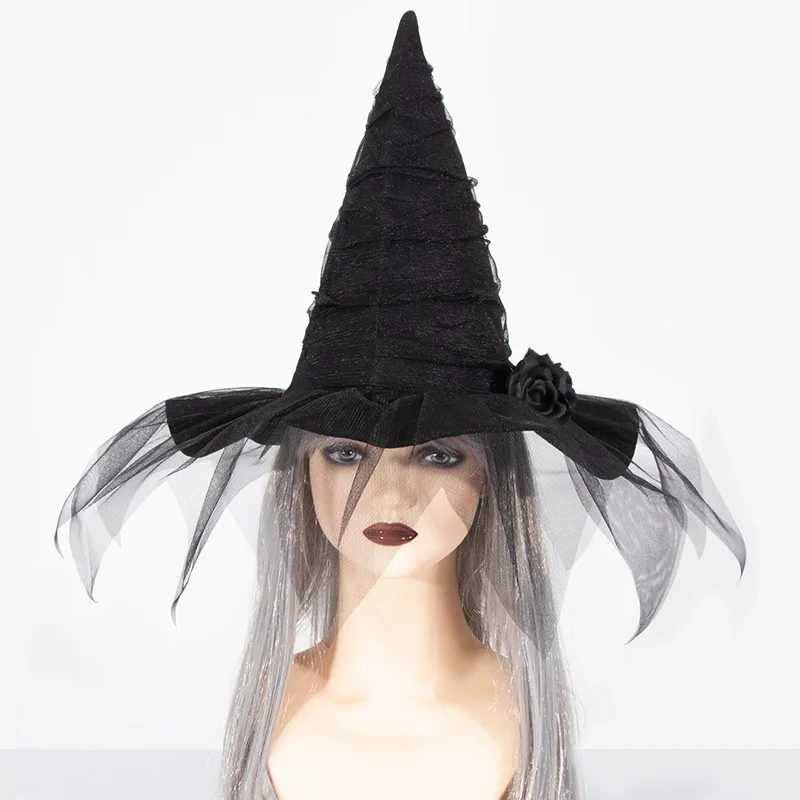 New Halloween Baroque Witch Hat Mesh Simulation Flower Dress up Accessories Gothic Queen Cosplay Witch Hat