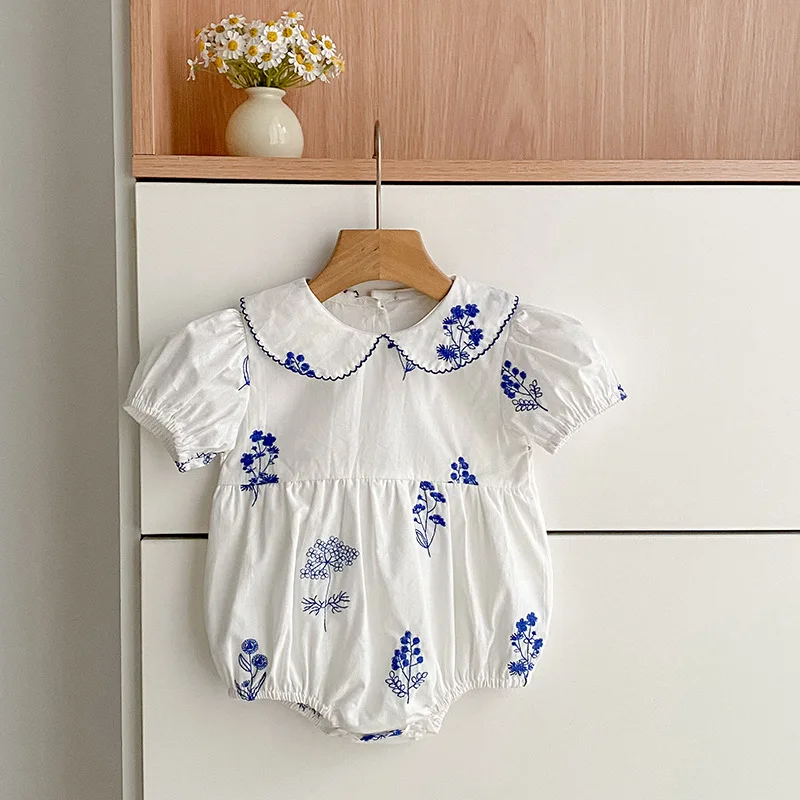 

Детская одежда, одежда для ползания для девочек, новый летний комбинезон с вышитым воротником-куклой, одежда для прогулок на улице