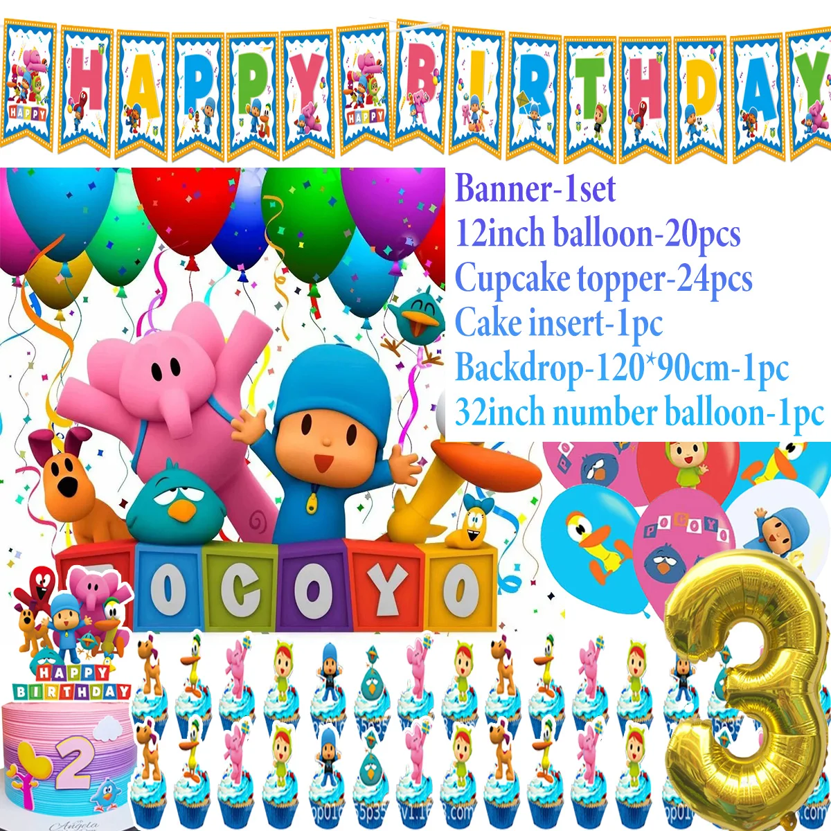 Blue&Pocoyoing Birthday Party Tableware Decoration Cartoon Elephant Balloon Plates Banner Cake Topper Backdrop Kids Baby Props - view 4