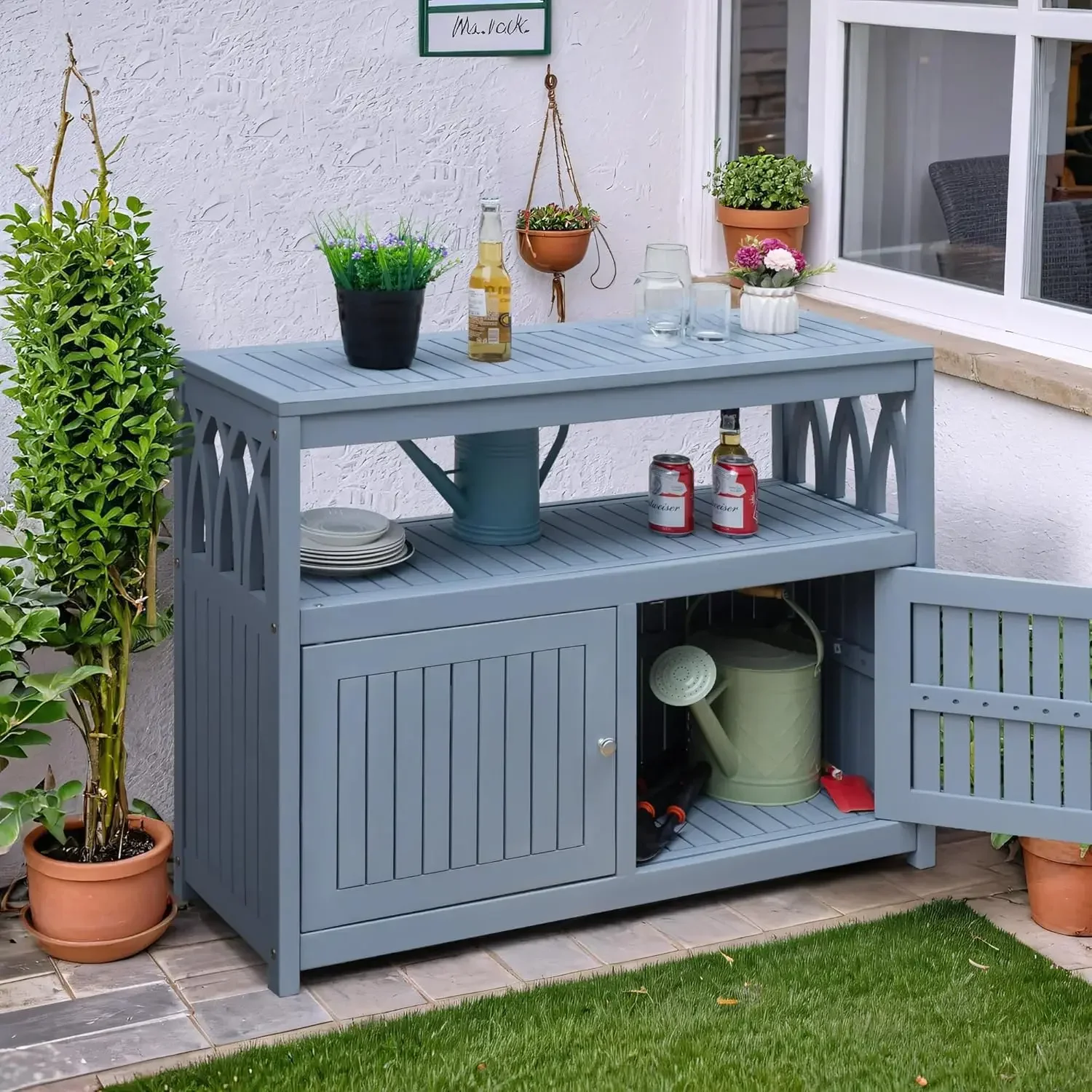 Acacia Wood Cabinet with 2 Magnetic Doors - Weatherproof Outdoor Storage, Buffet, TV Stand, Bar, Potting Table (Grey)