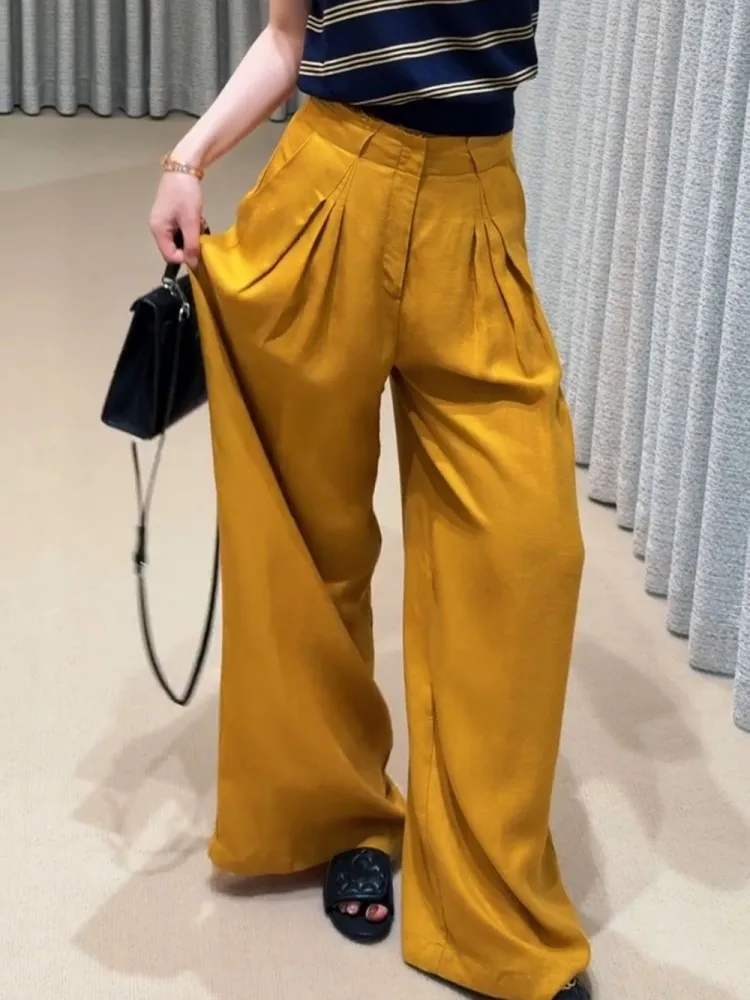 2025 nouvel été Style coréen pli Design mode femmes pantalons décontractés coupe ample jambe large pantalon taille haute pleine longueur pantalon