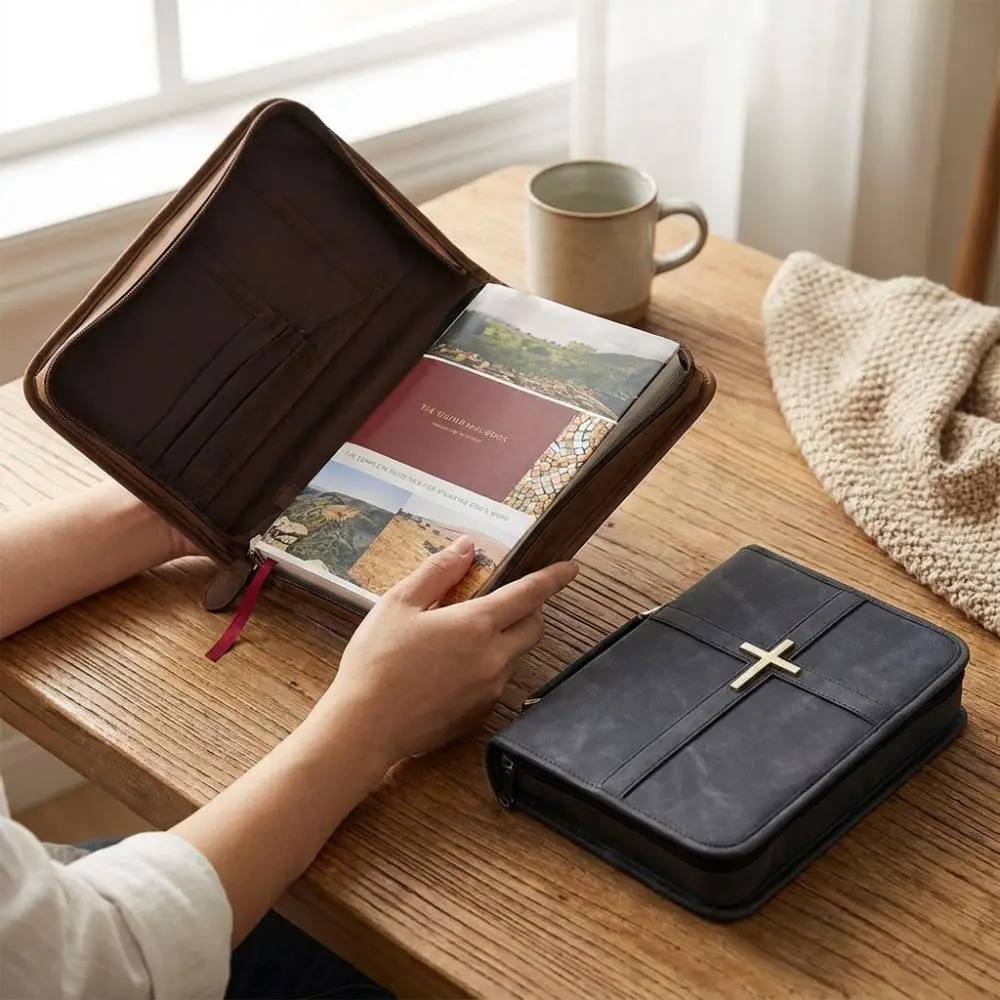 Cross-themed Vegan Leather Bible Cover with Phone Pocket Built-in Bookmark Ribbon PU Leather Bible Bag Scratch Resistant